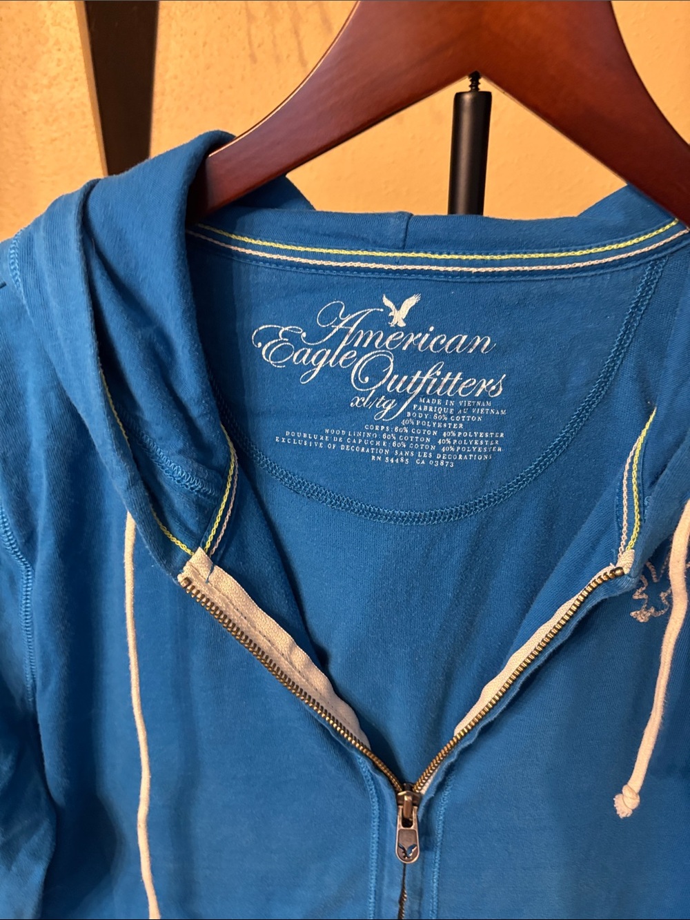 American Eagle Outfitters Teal-Blue Zip Hoodie with White Drawstrings